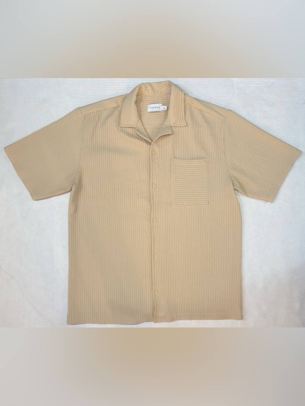 Topman ASOS Short Sleeve Regular Fit Camp Collar Plisse Shirt Stone Size S